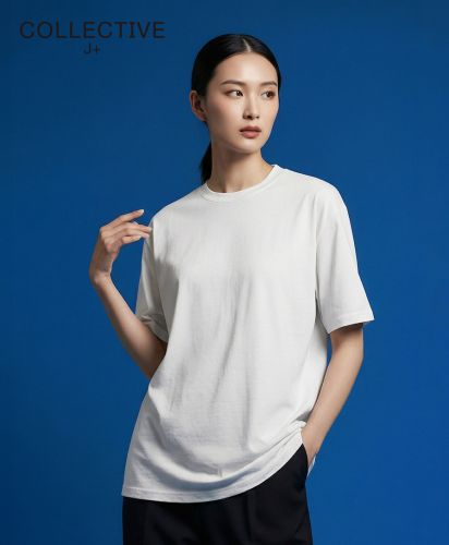 COLLECTIVE J+(コレクティブ・ジェイ・プラス)ハイエンド スムースTシャツ/001 ホワイト:身長166cm/Lサイズ着用