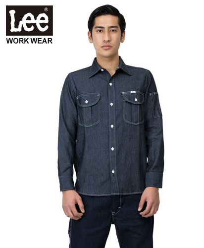 Lee(リー)Lee メンズワーク長袖シャツ/MaterialストレッチヒッコリーColor : 8 インディゴネイビー Size : Men’s L