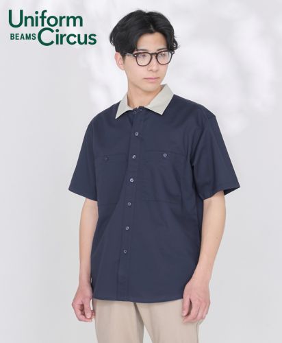 Uniform Circus BEAMS(ユニフォーム サーカス ビームス)ユニセックスワイドカラーシャツ/モデル着用:8 ネイビー
