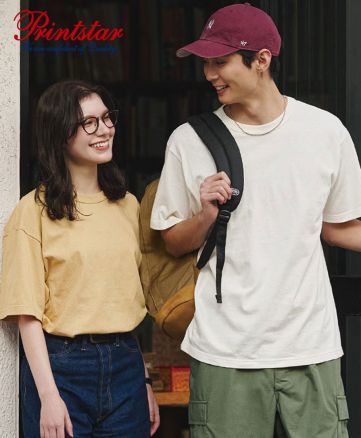 プリントスター(Printstar)5.9オンス オープンエンドTシャツ/モデル着用:左:213スモークイエロー、右:001ホワイト